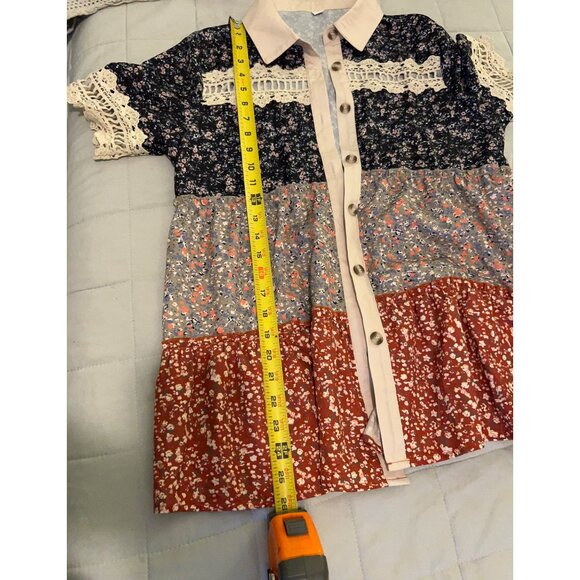 Boho Patchwork Floral Button Down Blouse Medium Crochet Lace Trim Tunic Top Cott - Picture 4 of 10